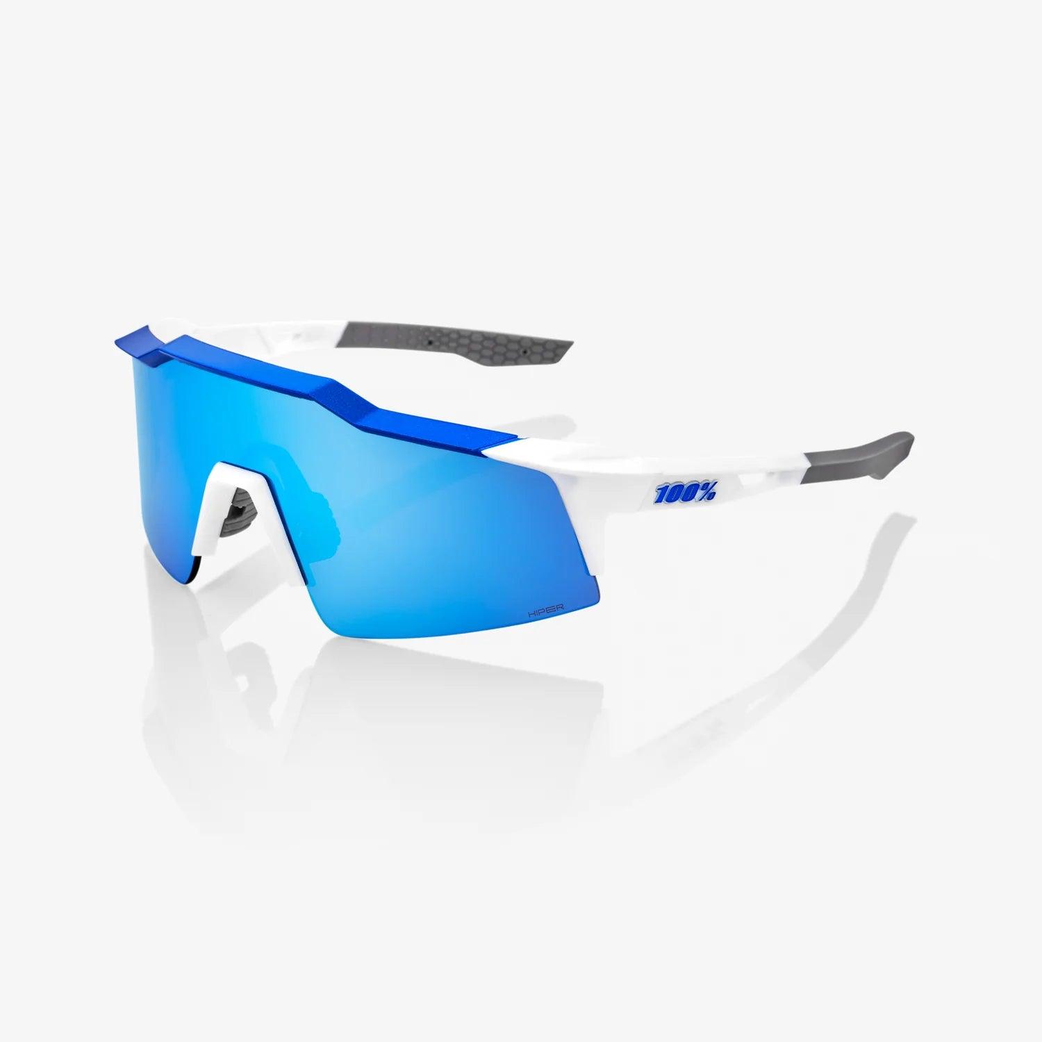 100 Percent Sunglasses - SPEEDCRAFT SL - Matte White/Metallic Blue - HiPER Blue Multilayer Mirror Lens - Smash It Sports