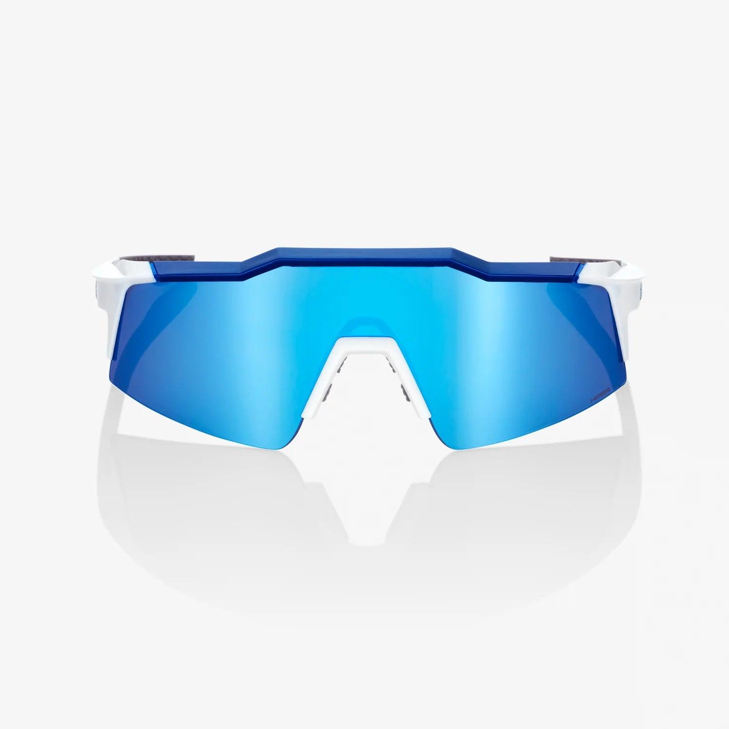 100 Percent Sunglasses - SPEEDCRAFT SL - Matte White/Metallic Blue - HiPER Blue Multilayer Mirror Lens - Smash It Sports