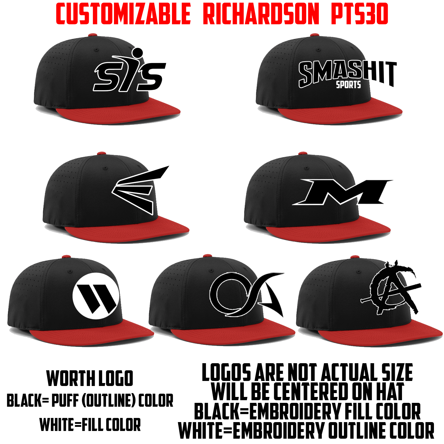 Customizable Logo Hat by Richardson (All Black/Red Brim PTS30)